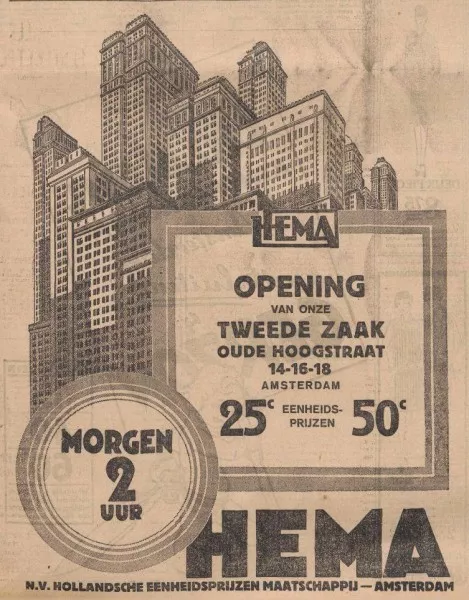 Afbeelding uit: november 1926. De wolkenkrabbers in deze advertentie in het Algemeen Handelsblad verwijzen naar het land waar de oprichters van de HEMA het idee van eenheidsprijzen opdeden.