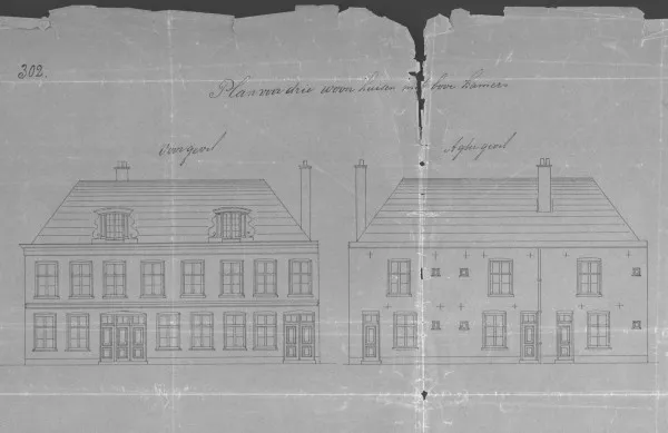 Afbeelding uit: 1884. "Plan voor drie woonhuizen met bovenkamers" (uitsnede).
Bron afbeelding: SAA, bestand 005403000504.