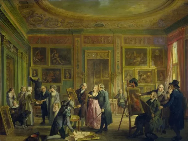 Afbeelding uit: 1790-1800. Op dit schilderij van Adriaan de Lelie, in het Rijksmuseum, bekijken de verzamelaar Brentano (verm. midden met stok) en zijn vrienden een lading pas gearriveerde Italiaanse schilderijen. Waarschijnlijk was dit in Herengracht 544.