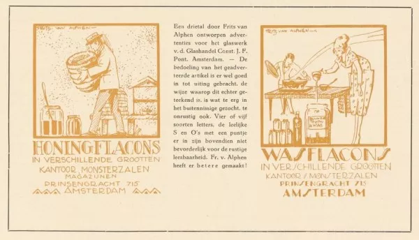 Afbeelding uit: april 1923. In het vakblad De reclame werden in 1923 enkele advertenties van glashandel Pont besproken. Maker was de bekende reclame-illustrator Frits van Alphen.