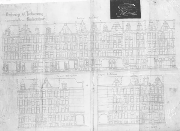 Afbeelding uit: 1891. Tekening van de gevels aan Kinkerstraat, Bilderdijkstraat en Da Costakade.
Bron afbeelding: SAA, bestand 5221BT901581.