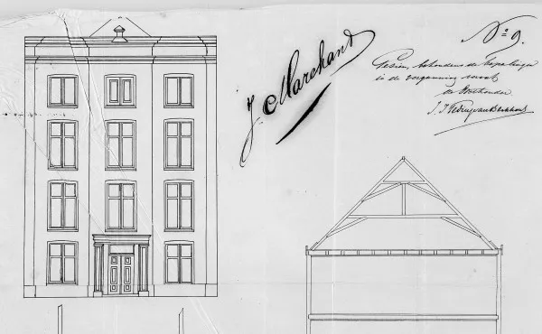 Afbeelding uit: 1866. Uitsnede van de bouwtekening, voorzien van de handtekening van opdrachtgever Marchand.
Bron afbeelding: SAA, bestand 005220901161.