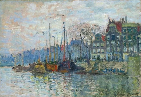 Afbeelding uit: 1874. Monet schilderde de hoek met het oude veerhuis twee keer; hier gezien vanaf het IJ. Links de Kromme Waal en de Waalseilandsgracht.