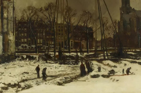Afbeelding uit: 1898. Doorbraak van de Raadhuisstraat in de winter. Collectie Dreesmann / Amsterdam Museum.