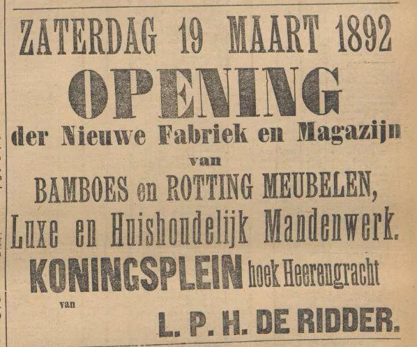 Afbeelding uit: maart 1892. Advertentie van De Ridder in het Algemeen Handelsblad.