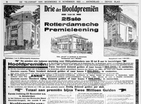 Afbeelding uit: november 1922. Bovenste helft van een paginagrote advertentie in de Telegraaf, voor een beleggingsproduct van de Rotterdamsche Handels- en Landbouwbank. Bovenin tekeningen van de villa in het Willemspark.