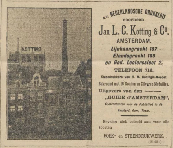 Afbeelding uit: juli 1904. Advertentie van Kotting in het Algemeen Handelsblad. Op de voorgrond de Lijnbaansgracht.