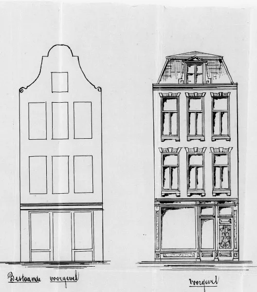Afbeelding uit: 1886. Uitsnede van de bouwtekening. Links de vorige voorgevel, rechts de nieuwe.
Bron afbeelding: SAA, bestand 5221BT913877.