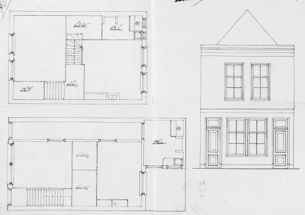 Afbeelding uit: 1870. De bouwtekening van de eerste vier huizen.
Bron afbeelding: SAA, bestand 005220901604.