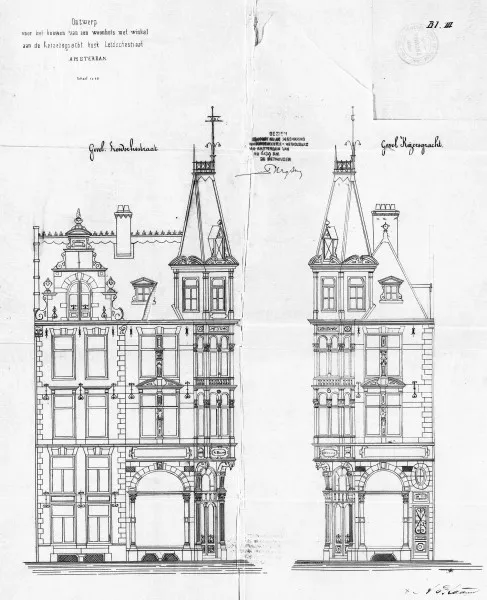 Afbeelding uit: 1880. De gevels aan de Leidsestraat en aan de Keizersgracht.
Bron afbeelding: SAA, bestand 5221BT904112.