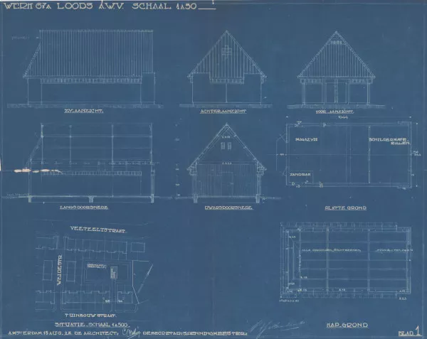 Afbeelding uit: 1928. De bouwtekening van de loods van de AWV.