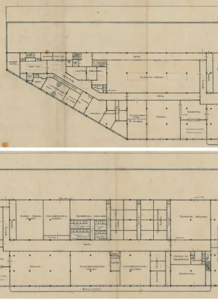 Afbeelding uit: circa 1919. Plattegrond van de opbouw t.b.v. het emigrantenhotel. Slaapzalen, conversatiezalen, ziekenzaal, keuken.