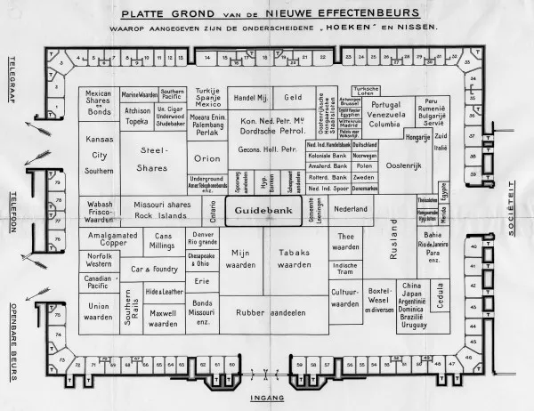 Afbeelding uit: 1914. Plattegrond, met indeling van de beursvloer op de eerste verdieping.
Bron afbeelding: SAA, bestand 010056914778.