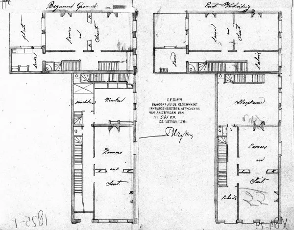 Afbeelding uit: 1882. Uitsnede van de bouwtekening, met de plattegronden van de begane grond en de eerste verdieping.