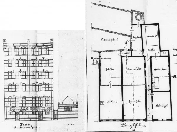 Afbeelding uit: 1895. Geveltekening en plattegrond van de begane grond. (fragmenten van de bouwtekening)
Bron afbeelding: SAA, bestand 5221BT900450.