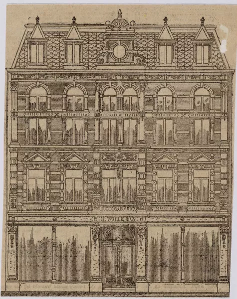 Afbeelding uit: 1884. Tekening van de voorgevel van de winkel van Wille & Co, Nieuwendijk 186, ontworpen door Henkenhaf en Ebert.
Bron afbeelding: SAA, bestand B00000030129.
