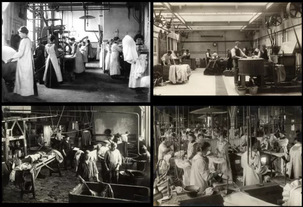 Afbeelding uit: 1912. Fotoreeks uit het tijdschrift Het Leven. Met de klok mee vanaf linksboven: apprêteerafdeling, wassen met wasbenzine, strijkafdeling, verfafdeling.