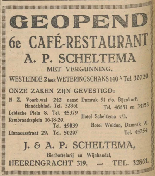 Afbeelding uit: augustus 1930. Advertentie van café-restaurant Scheltema in het Algemeen Handelsblad.