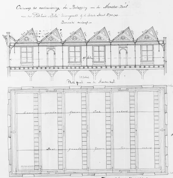 Afbeelding uit: 1871. De kap van de bovenste verdieping werd in 1871 verbouwd om die verdieping geschikt te maken als monsterzaal, met noorderlicht.
Bron afbeelding: SAA, bestand 005220902531.