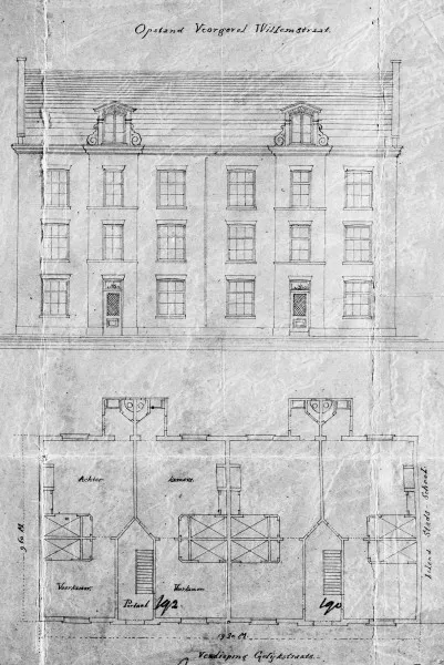 Afbeelding uit: 1873. Voorgevels en plattegronden, uitsnede van de bouwtekening.
Bron afbeelding: SAA, bestand 5221BT912034.