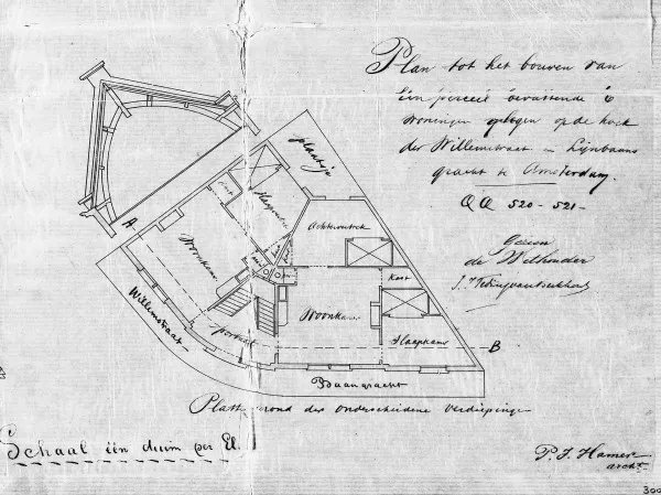Afbeelding uit: 1863. Woningplattegronden. Alleen de woonkamers waren rechthoekig. Uitsnede van de bouwtekening.
Bron afbeelding: SAA, bestand 005220900611.