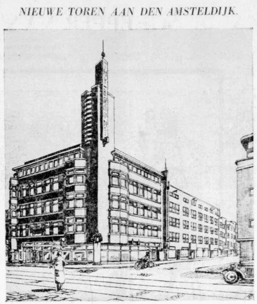 Afbeelding uit: 1928. 'Nieuwe toren' verwijst naar de watertoren aan de Amsteldijk die in 1927 gesloopt werd. Die stond op de plek van de tramremise. (bericht in de Telegraaf van 18 maart 1928)