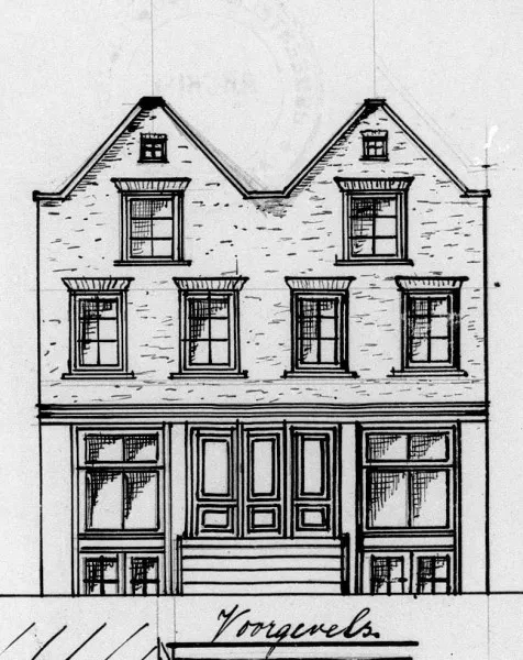 Afbeelding uit: 1902. Fransen maakte ook deze tekening van de bestaande huizen.
Bron afbeelding: SAA, bestand 5221BT907816.