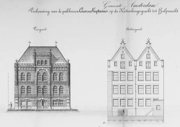 Afbeelding uit: 1880. "Verbouwing van de pakhuizen Ceres en Neptunus op de Kattenburgergracht tot hulpwacht voor de Brandweer en Politie"