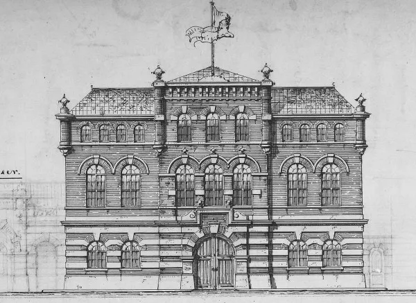 Afbeelding uit: 1873. Geveltekening. "Ontwerp tot verbouwing van een gedeelte van het voormalige Huiszittenhuis tot Kazerne voor de Brandweer"