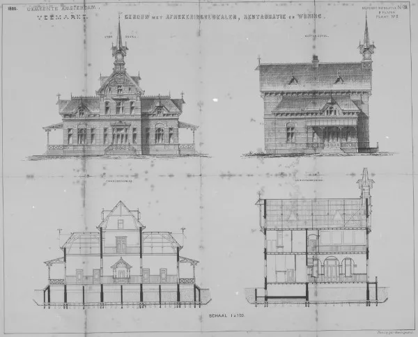 Afbeelding uit: 1883. Voor- en zij-aanzichten van het "Gebouw met afrekeningslokalen, restauratie en woning".