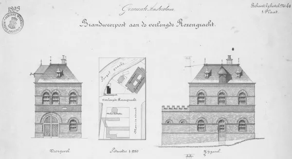 Afbeelding uit: 1893. Voorgevel, situatie en zijgevel. De post was het eerste gebouw langs dit stukje Rozengracht. Het grote gearceerde gebouw is een scholencomplex, op de plek van de huidige grote kazerne.