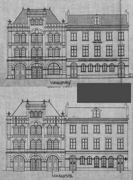 Afbeelding uit: 1927. De gevels van de samengevoegde panden voor en na de verbouwing van 1927.