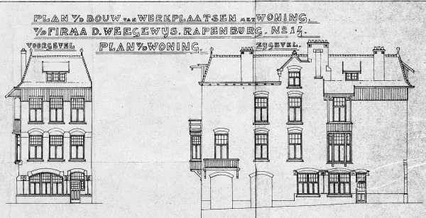 Afbeelding uit: 1899. Uitsnede van de bouwtekening. Voor- en zijgevels.
Bron afbeelding: SAA, bestand 5221BT903313.