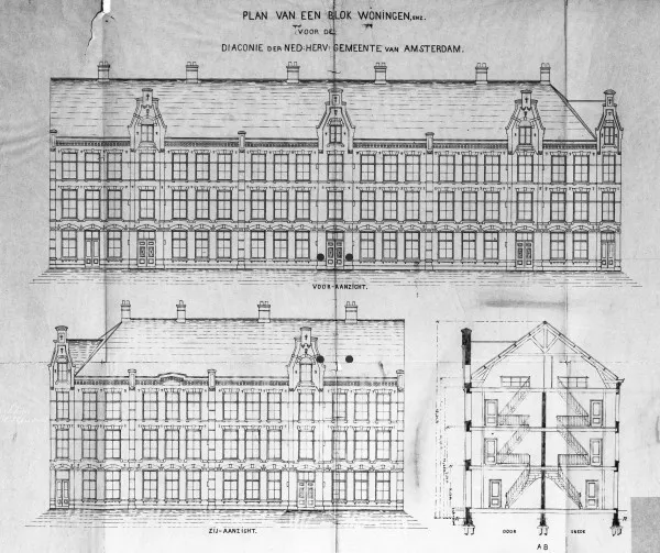 Afbeelding uit: 1881. Tekeningen van de gevels. "Plan van een blok woningen enz. voor de Diaconie der Ned.Herv. Gemeente van Amsterdam"
Bron afbeelding: SAA, bestand 5221BT906217.