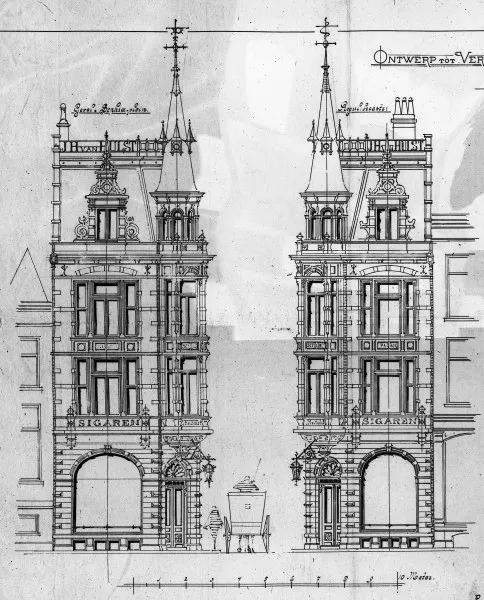 Afbeelding uit: 1888. Uitsnede van de bouwtekening. Links de gevel aan het Sophiaplein, rechts die aan de Reguliersbreestraat.
Bron afbeelding: SAA, bestand 010056917731.