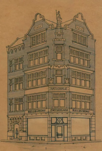 Afbeelding uit: 1935. Het ontwerp voor de nieuwe winkelpui. Raamkozijnen en entree van brons, in een natuurstenen omlijsting van rood gepolijst Zweeds graniet (net als bij het bestaande ondergedeelte).
