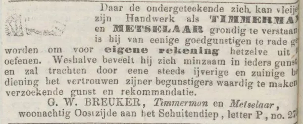 Afbeelding uit: maart 1853. Advertentie in de Groninger Courant waarin Breuker zichzelf aanprijst als iemand die zijn vak grondig verstaat.