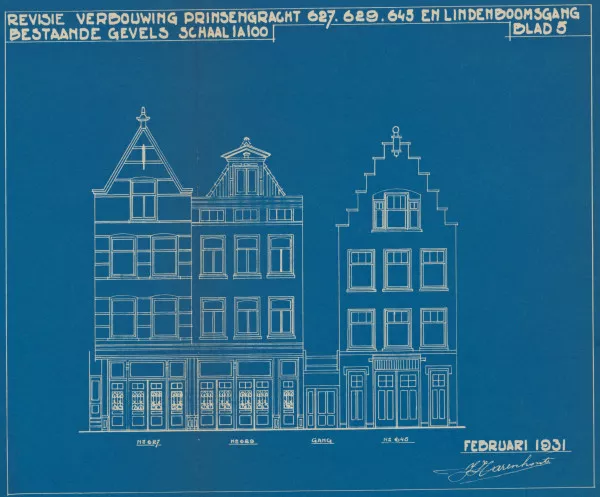 Afbeelding uit: februari 1931. De oude gevels van (v.l.n.r.) Prinsengracht 627, 629, poortje Lindeboomsgang, Prinsengracht 645.