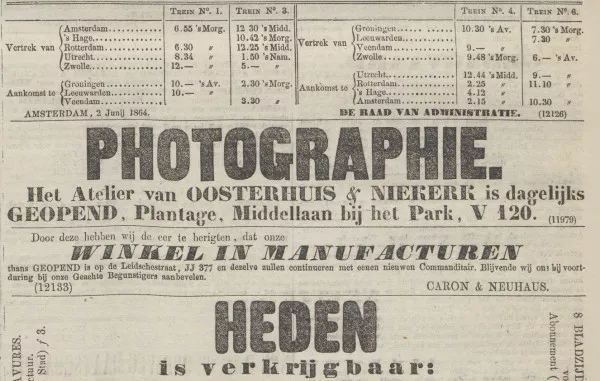 Afbeelding uit: juni 1864. Advertentie van Oosterhuis en Niekerk in het Algemeen Handelsblad.