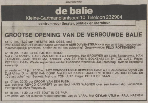 Afbeelding uit: januari 1987. Advertentie voor de heropening van De Balie in 1987.
