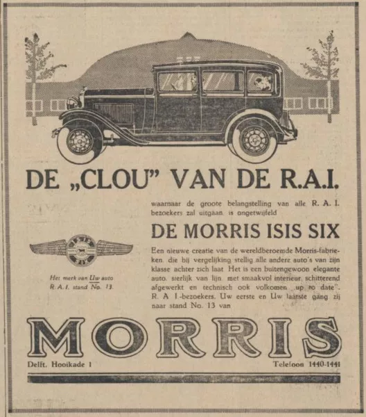 Afbeelding uit: januari 1930. Advertentie uit 1930: een Morris, met op de achtergrond het silhouet van het RAI-gebouw in de Ferdinand Bolstraat.
