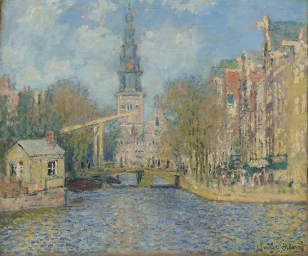Afbeelding uit: 1874. Een van de twee schilderijen die Monet in 1874 maakte van een voorganger van de brug, de Groenburgwal en de Zuiderkerk.