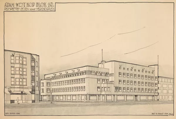Afbeelding uit: 1925. Perspectiefschets van de hoek Cabralstraat (links) - Hoofdweg.