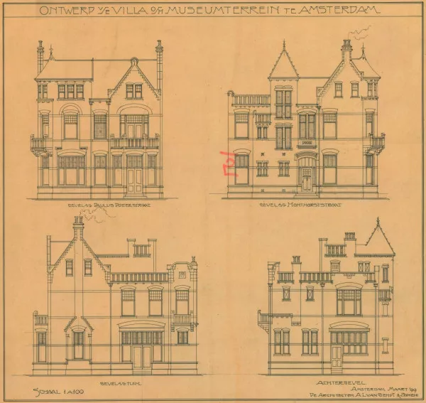 Afbeelding uit: maart 1899. De verschillende aanzichten, van linksboven met de klok mee: Paulus Potterstraat, Honthorststraat, achtergevel, tuin.