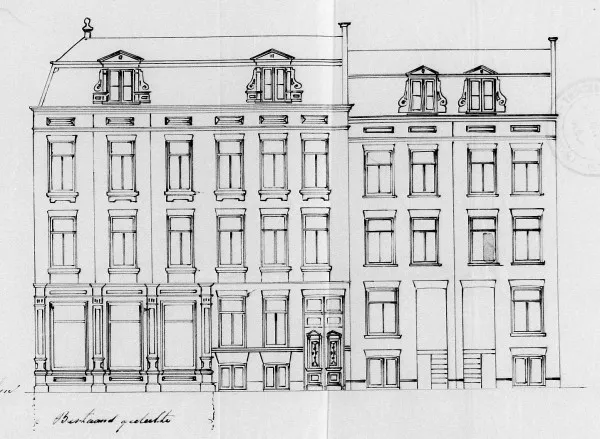 Afbeelding uit: 1885. Uitsnede van de bouwtekening voor de uitbreiding van 1885.
Bron afbeelding: SAA, bestand 5221BT913067.