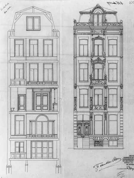 Afbeelding uit: 1879. Geveltekeningen (achter en voor), uitsnede van een bouwtekening.
Bron afbeelding: SAA, bestand 5221BT913441.