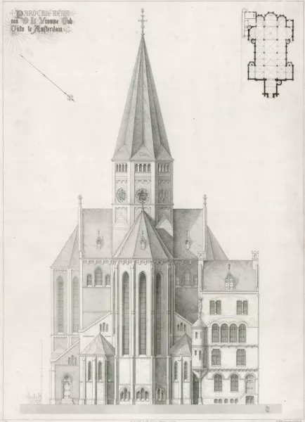 Afbeelding uit: circa 1865. De kerk, met rechts de pastorie.