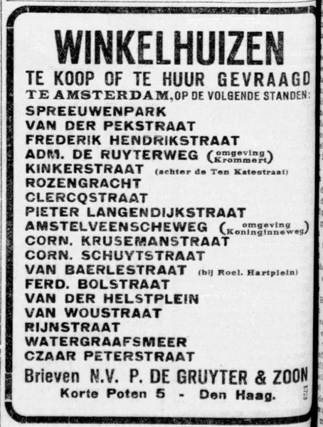Afbeelding uit: december 1923. Advertentie in de Telegraaf waarin het bedrijf winkelruimte zoekt.