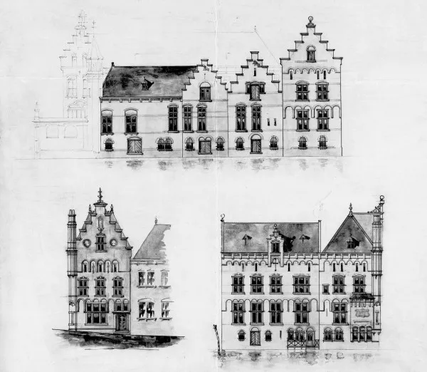 Afbeelding uit: 1890. Bleys had een beeld van oud-Hollandse trapgevels in gedachten. Slechts een klein deel ervan is uitgevoerd.
Bron afbeelding: SAA, bestand 010056918828.