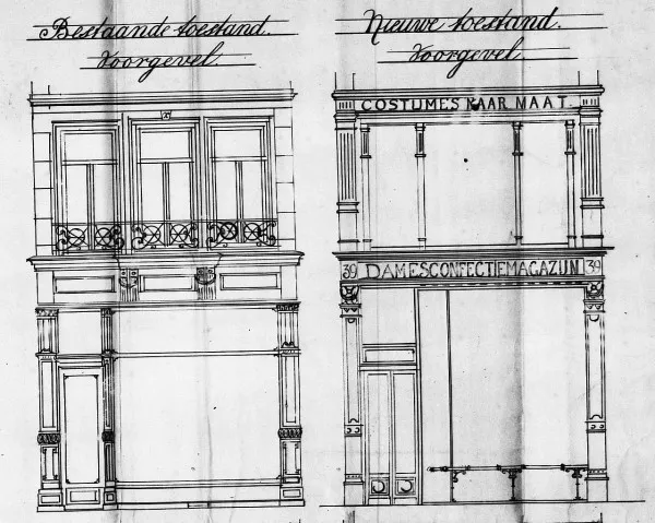 Afbeelding uit: 1896. Het onderste deel van de voorgevel voor en na de verbouwing van 1896.
Bron afbeelding: SAA, bestand 5221BT901892.